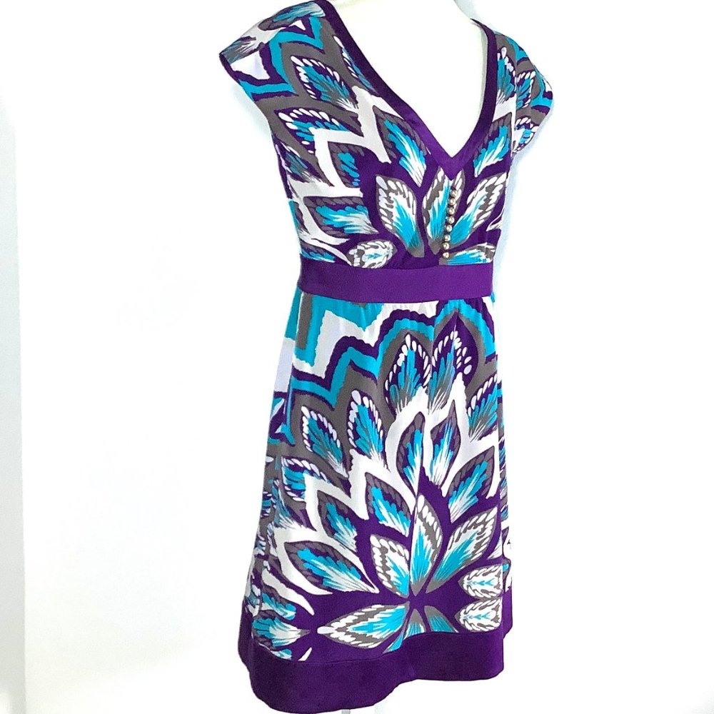 Gianni Bini Boho Dress Purple Aqua Blue White Tan Size 4 Paisley V-Neck